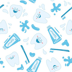 Seamless cute pattern with fairy magic teeth, toothpaste, toothbrush and splash elements