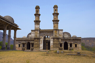 Outer view of Kevada Masjid (Mosque), has minarets, globe like domes and narrow stairs, UNESCO protected Champaner - Pavagadh Archaeological Park, Gujarat, India
