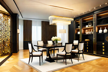 luxury elegant Modern dining room area with black gold wall furniture mockup with generative ai technology