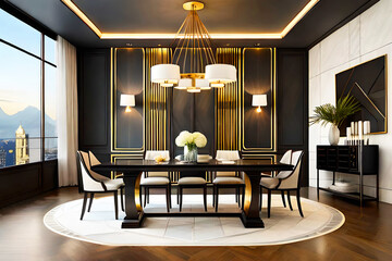 luxury elegant Modern dining room area with black gold wall furniture mockup with generative ai technology