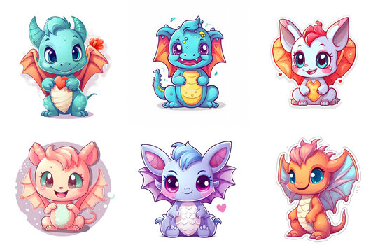 set of friendly little dragon stickers, ai tools generated image