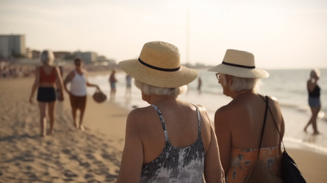 Elderly Women In Swimsuits And Caps Walk Along The Beach Near The Sea, Generative AI