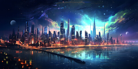Obraz na płótnie Canvas Fantasy night city, nightcore style, nightcore background
