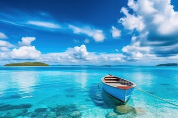 boat on a great blue sea with blue sky and clouds Generative AI