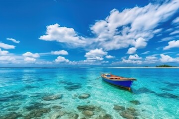 Fototapeta na wymiar boat on a great blue sea with blue sky and clouds Generative AI