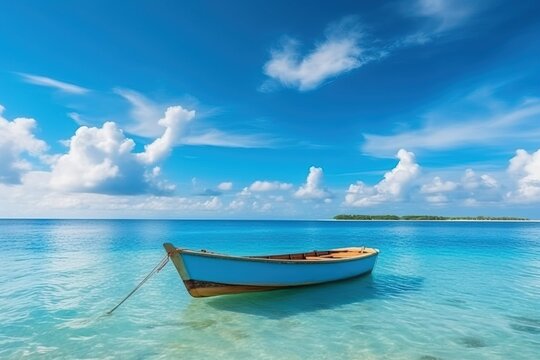 boat on a great blue sea with blue sky and clouds Generative AI