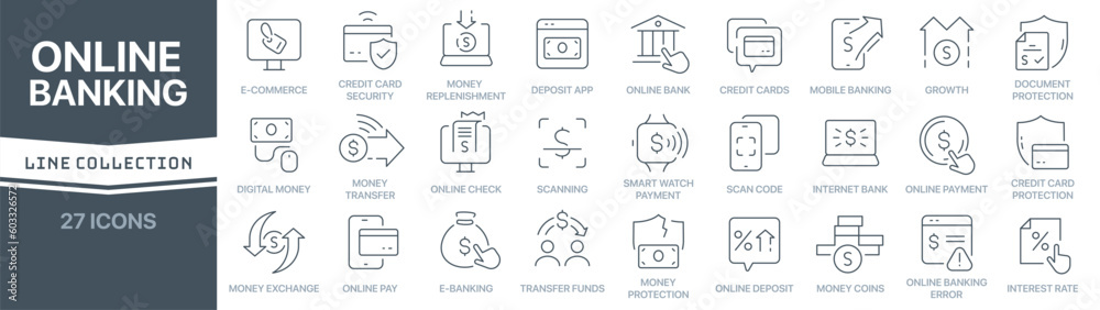 Fototapete online banking linear signed icon collection. signed thin line icons collection. set of online banki