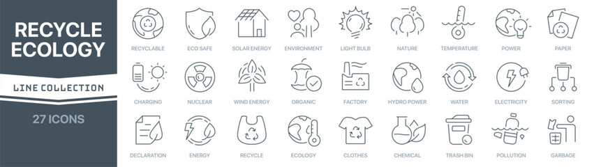 Recycle and ecology linear signed icon collection. Signed thin line icons collection. Set of recycle and ecology simple outline icons
