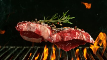 Super Slow Motion Shot of Falling Raw Beef Steak on Cast Iron Grate with Fire Flames. Camera Movement, Filmed on High Speed Cinematic Camera at 1000 FPS.