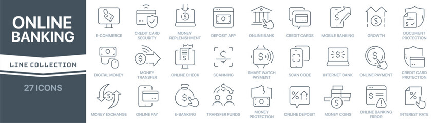 Online banking linear signed icon collection. Signed thin line icons collection. Set of online banking simple outline icons