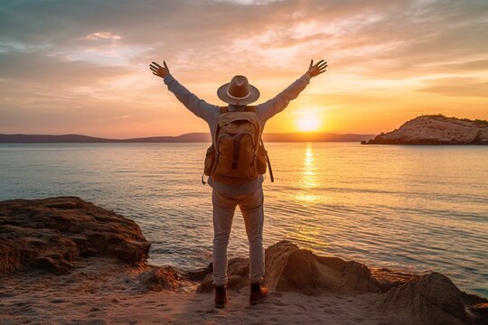 Happy man wearing hat and backpack raising arms up on the beach at sunset - Delightful man enjoying peaceful moment walking outdoors. back turned to the camera