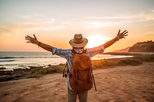 Happy man wearing hat and backpack raising arms up on the beach at sunset - Delightful man enjoying peaceful moment walking outdoors. back turned to the camera