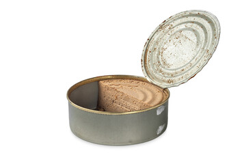 Tin can without label. Open metal tin can with meat pate isolated on a white
