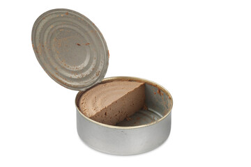 Tin can. Meat preserves. Opened metal tin can isolated on a white