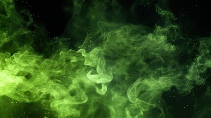 Smoke veil. Paint water. Night haze. Lime green color glitter dust particles mist floating on dark black abstract art background with copy space