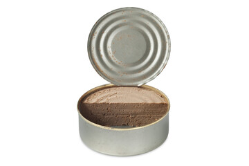 Tin can. Canned meat. Opened metal tin can without label isolated on a white