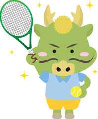楽しそうにテニスをする龍のイラスト