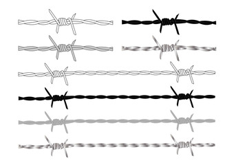 Hoja de iconos de alambradas con pinchos en trazo negro, negro, gris y metalizada respectivamente con un pincho y con dos. 
