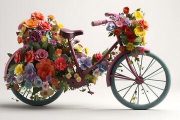 Fototapeta na wymiar A burgundy bicycle decorated with colorful bright flowers on a white background. The concept of ecological transport. Generate Ai Generative AI