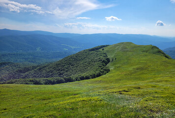 Krajobraz wiosenny w zielonych górach Bieszczady,
Tło naturalne.
