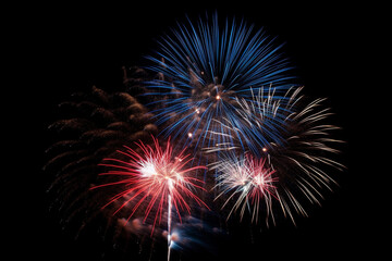 Happy labor day. Fireworks patriotic colors, against black background. The 4th of July celebration, Independence Day of USA. AI generative