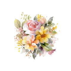 Romantic Watercolor Flower Bouquet Clipart for Decorative Cards: Pink, White, and Yellow, Created by Generative AI