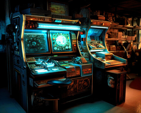 Old-style gaming slot machines in the room. Entertainment and leisure time spending concept. Generative AI.