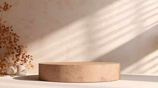Minimalist Beige Podium Backdrop for E-commerce, Retail,  Online Shop, Product Photography, Beauty, Cosmetics, Fashion, Wood, Marble, Leaves, Cement, 