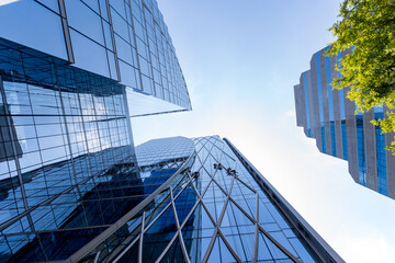 Workers washing windows of the skyscraper building. Window washer workers are cleaning window class of high modern building. Abseiling from high to low by safety rope and clean window glass by hand. © kanpisut