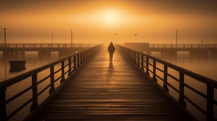 Fototapeta na wymiar A hazy picture of a person walking on a misty pier at sunrise
