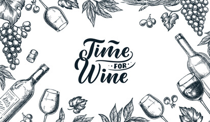 Wine tasting banner, poster or party flyer. Vector sketch illustration. Winery shop, menu or package design template