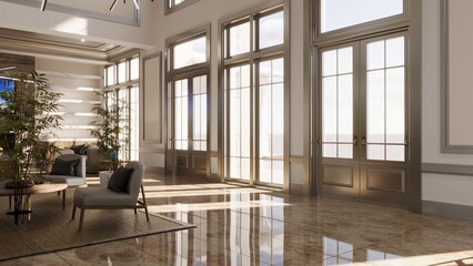 large and spacious interior of the lobby in the hotel, 3D illustration, cg render