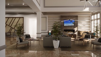 large and spacious interior of the lobby in the hotel, 3D illustration, cg render