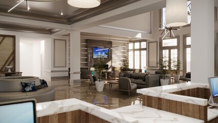 large and spacious interior of the lobby in the hotel, 3D illustration, cg render