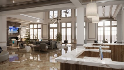 large and spacious interior of the lobby in the hotel, 3D illustration, cg render