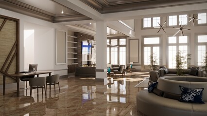 large and spacious interior of the lobby in the hotel, 3D illustration, cg render