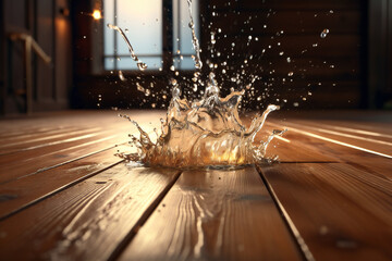 Water splash on wooden floor, created by generative AI tools. - obrazy, fototapety, plakaty