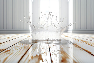 Water splash on wooden floor, created by generative AI tools.