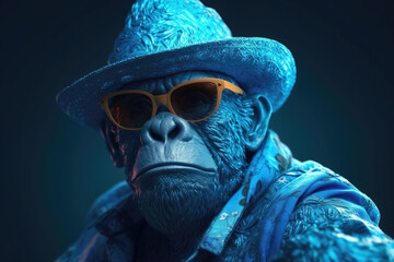 Sculpture-Like Monkey: Close-up of a sculpture-like monkey wearing sunglasses and a hat, bathed in a serene light blue color, emanating an aura of elegance. Generative AI