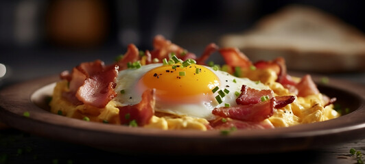 Traditional egg with bacon. Generative AI.