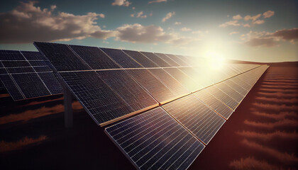 Lots of solar panels in a beautiful wide open view during the sunny day. Sunset Above a photovoltaic power plant, the Solar Farm, Technology solar cell. Generative AI, illustration