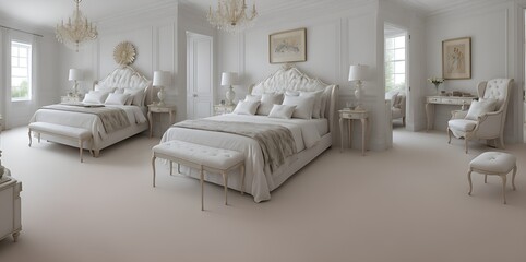 Illustration of a luxurious white bedroom with an elegant chandelier created with Generative AI technology