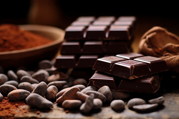 Cocoa beans and a piece of dark chocolate.