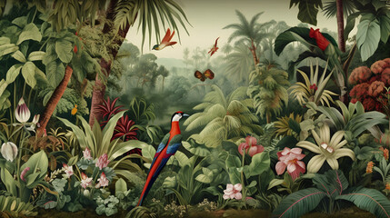 Fototapeta premium Chinoiserie wallpaper depicting a bird on a tree with small flowers based on generative AI