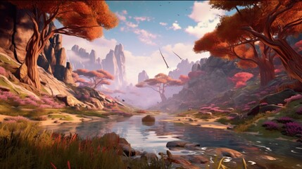 Fototapeta na wymiar Breathtaking mountain landscape game art