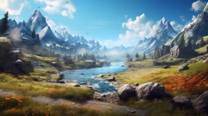 Naklejka na ściany i meble Breathtaking mountain landscape game art