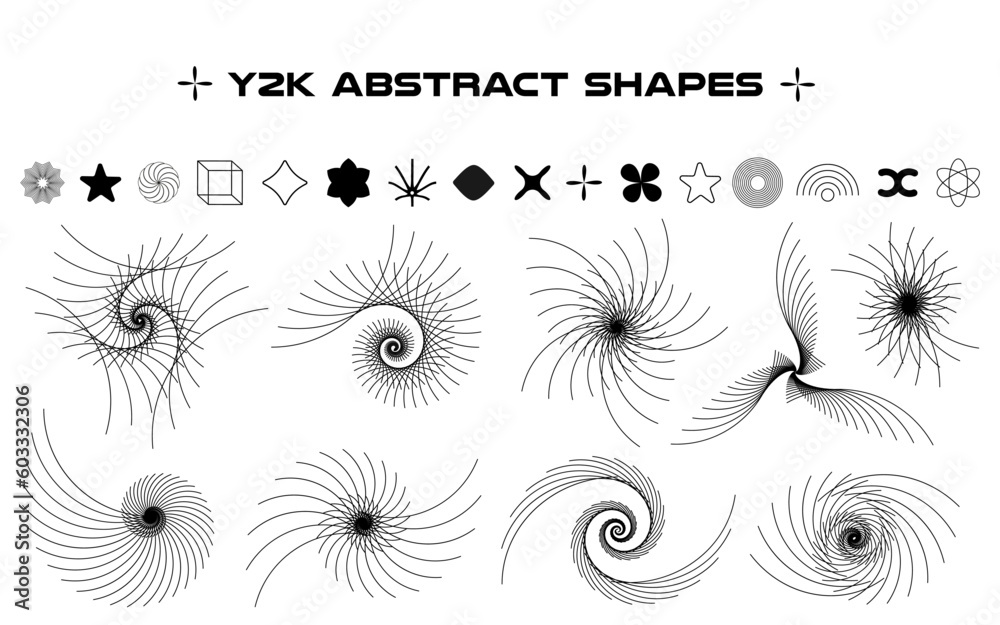 Poster Set of abstract aesthetic y2k geometric elements and wireframe shapes. Black and white retro line design elements. Vector illustration for social networks or posters. EPS 10	