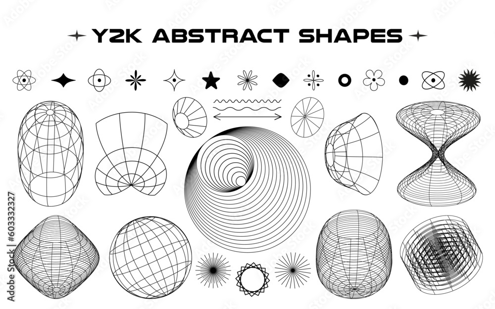 Poster Set of abstract aesthetic y2k geometric elements and wireframe shapes. Black and white retro line design elements. Vector illustration for social networks or posters. EPS 10	