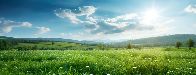 A beautiful panoramic natural landscape of a green flower field with grass spread against the backdrop of sunlight in the summer sky_ai