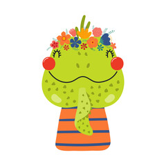 Cute funny iguana in floral wreath, t-shirt. Hand drawn cartoon character illustration. Scandinavian style flat design, isolated vector. Kids print element, flower crown, summer blooms, blossoms